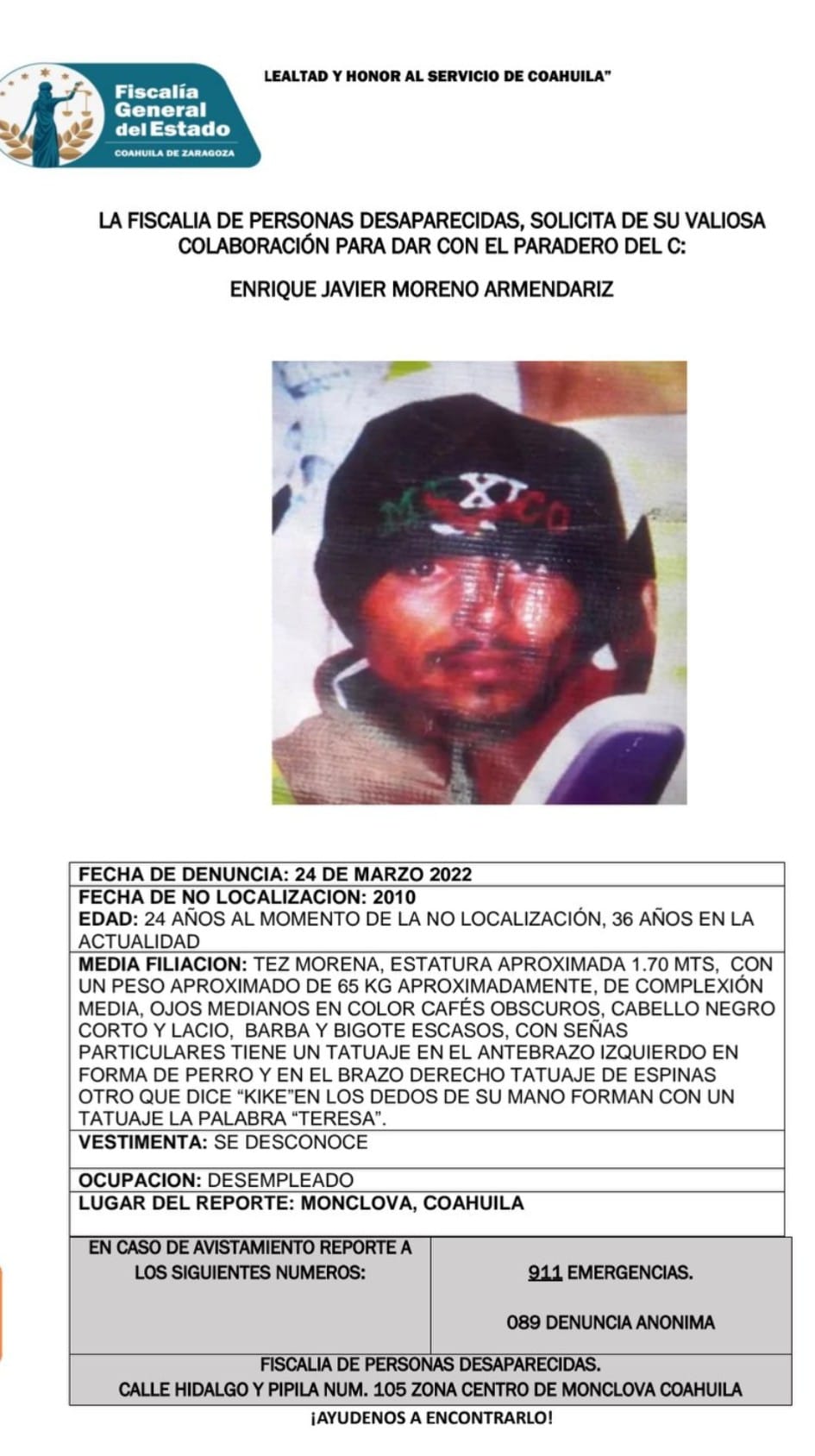 Reportan a hombre como desaparecido 12 años después en Monclova