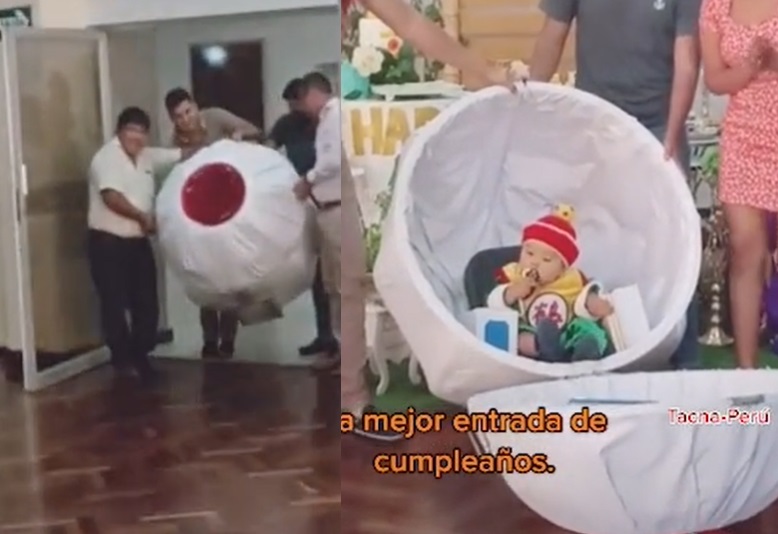 Bebé llega a su fiesta de cumpleaños en su propia 'nave de saiyajin'