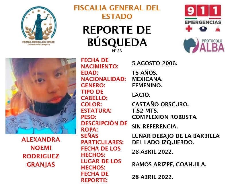 Activan Protocolo Alba para localizar a menor desaparecida en Ramos Arizpe
