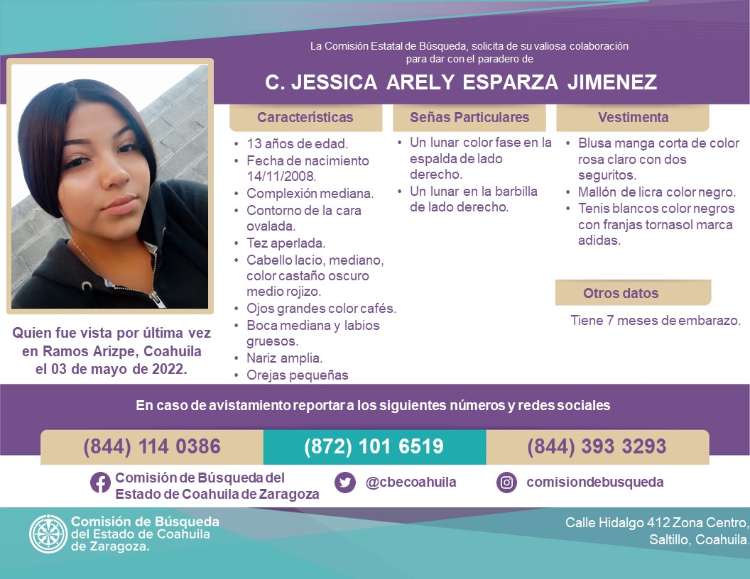 Reportan a adolescente embarazada desaparecida en Ramos Arizpe