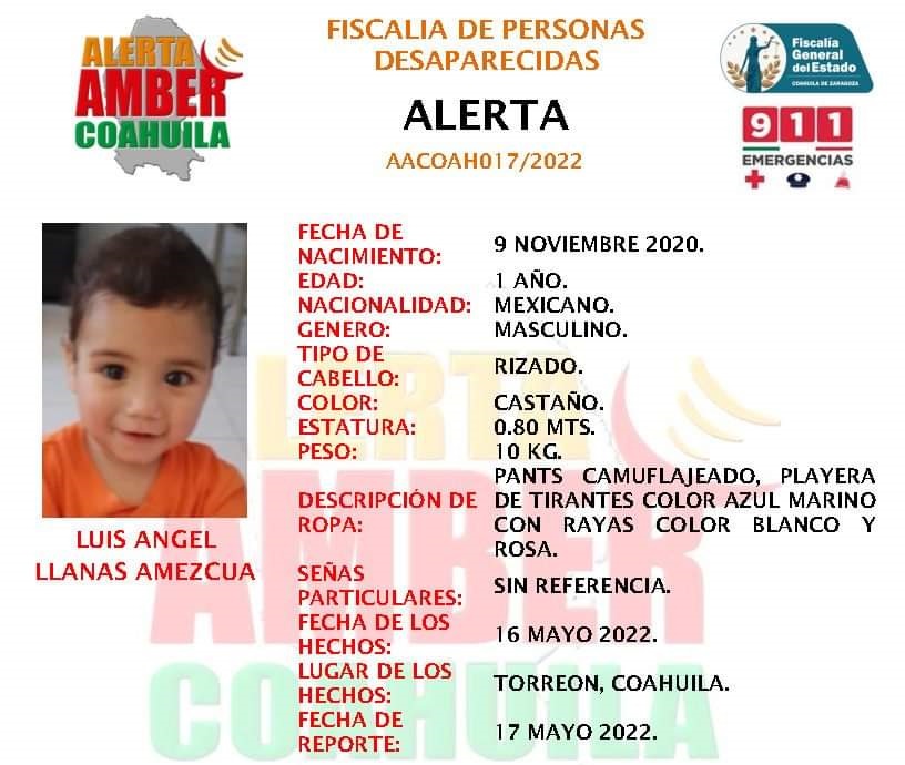 Piden apoyo para localizar a bebé en Torreón
