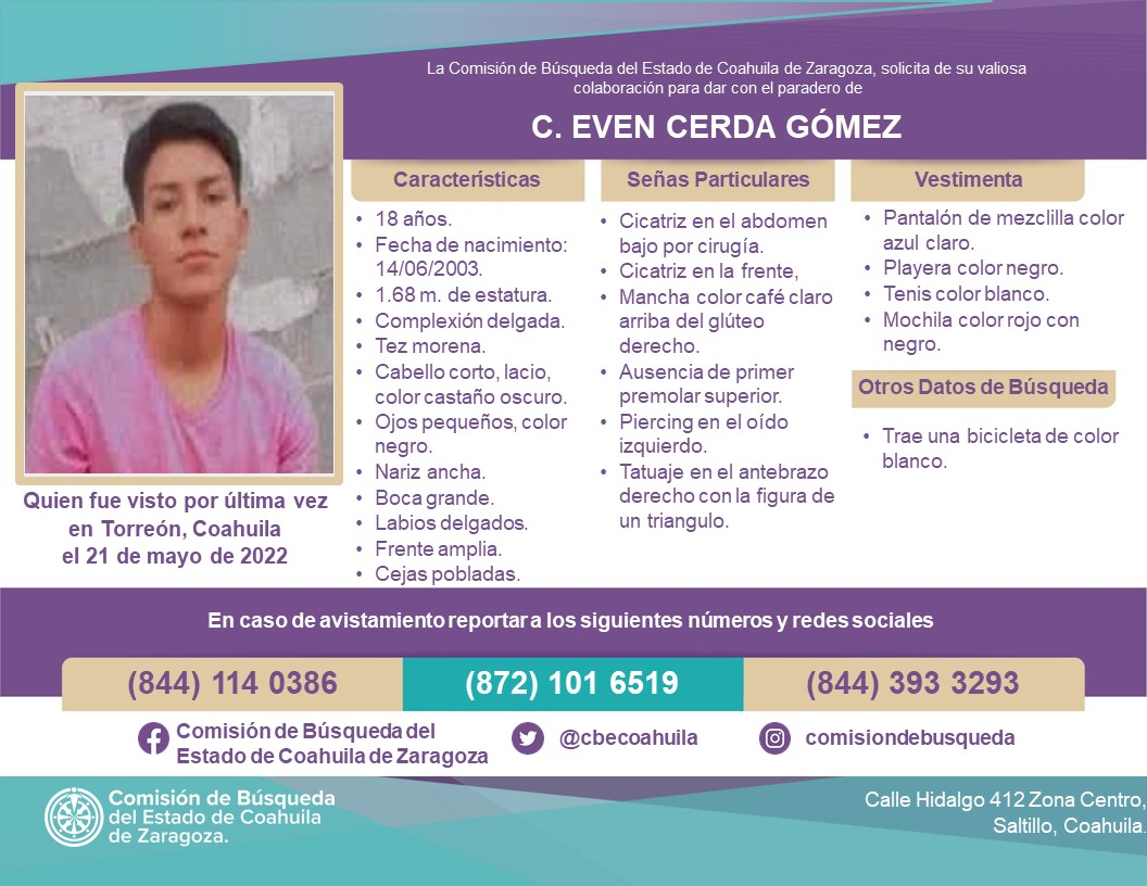 Piden colaboración para dar con joven desaparecido en Torreón