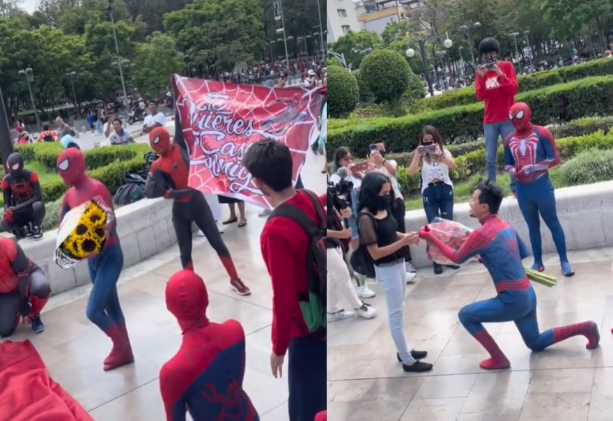Joven protagoniza 'romántica' propuesta de matrimonio vestido de Spider-Man en Bellas Artes