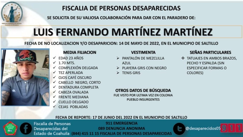 Buscan a Luis Fernando Martínez,  joven desaparecido en Saltillo