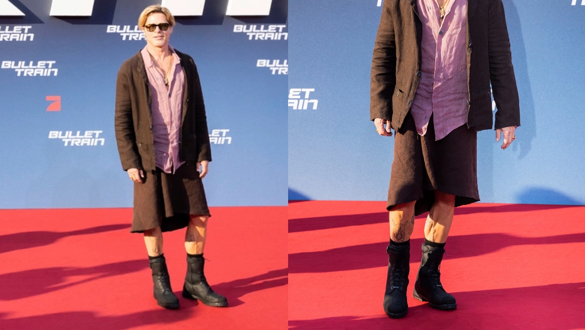 Brad Pitt sorprende al aparecer con falda y mostrar pierna en alfombra roja