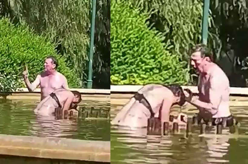 VIDEO: Hombre sin ropa intenta ahogar a mujer en una fuente