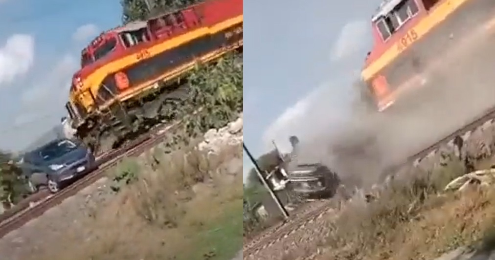 VIDEO: Camioneta queda varada y es arrastrada varios metros por un tren