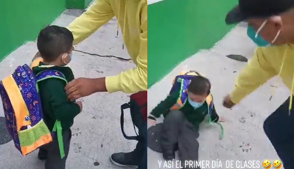 VIRAL: Niño se cae en su primer día de escuela al llevar 'enorme' mochila
