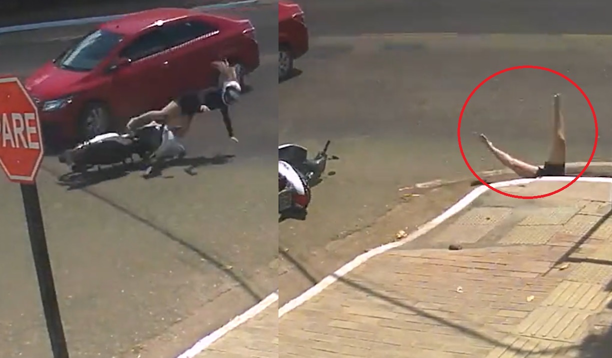 VIRAL: Motociclista es impactada por un carro y termina en una alcantarilla