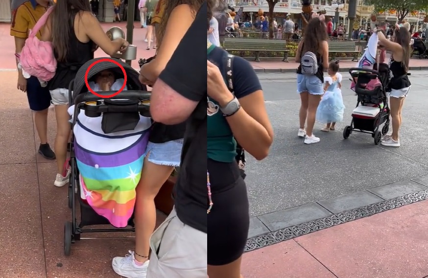 Mujeres esconden a niña en carriola para no pagar la entrada en Disney