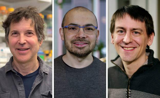 En la imagen (de izquierda a derecha) los investigadores David Baker, Demis Hassabis y John Jumper. (ESPECIAL)