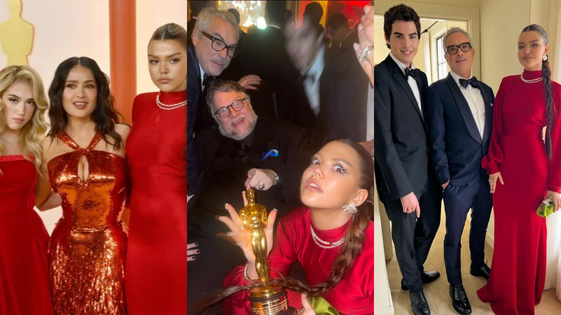 La familia Cuarón y Salma Hayek le caen a Guillermo Del Toro en la fiesta del Oscar