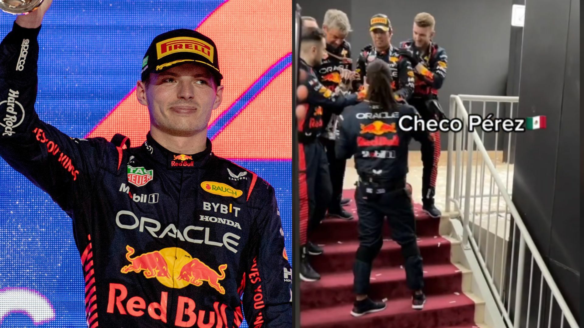 Mecánicos de Red Bull abrazan a Checo Pérez e ignoran a Max Verstappen
