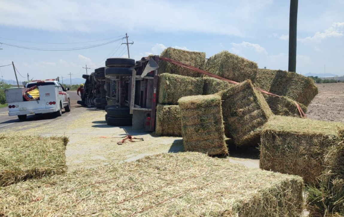 Vuelca tráiler cargado con pacas de alimento para ganado en Gómez Palacio