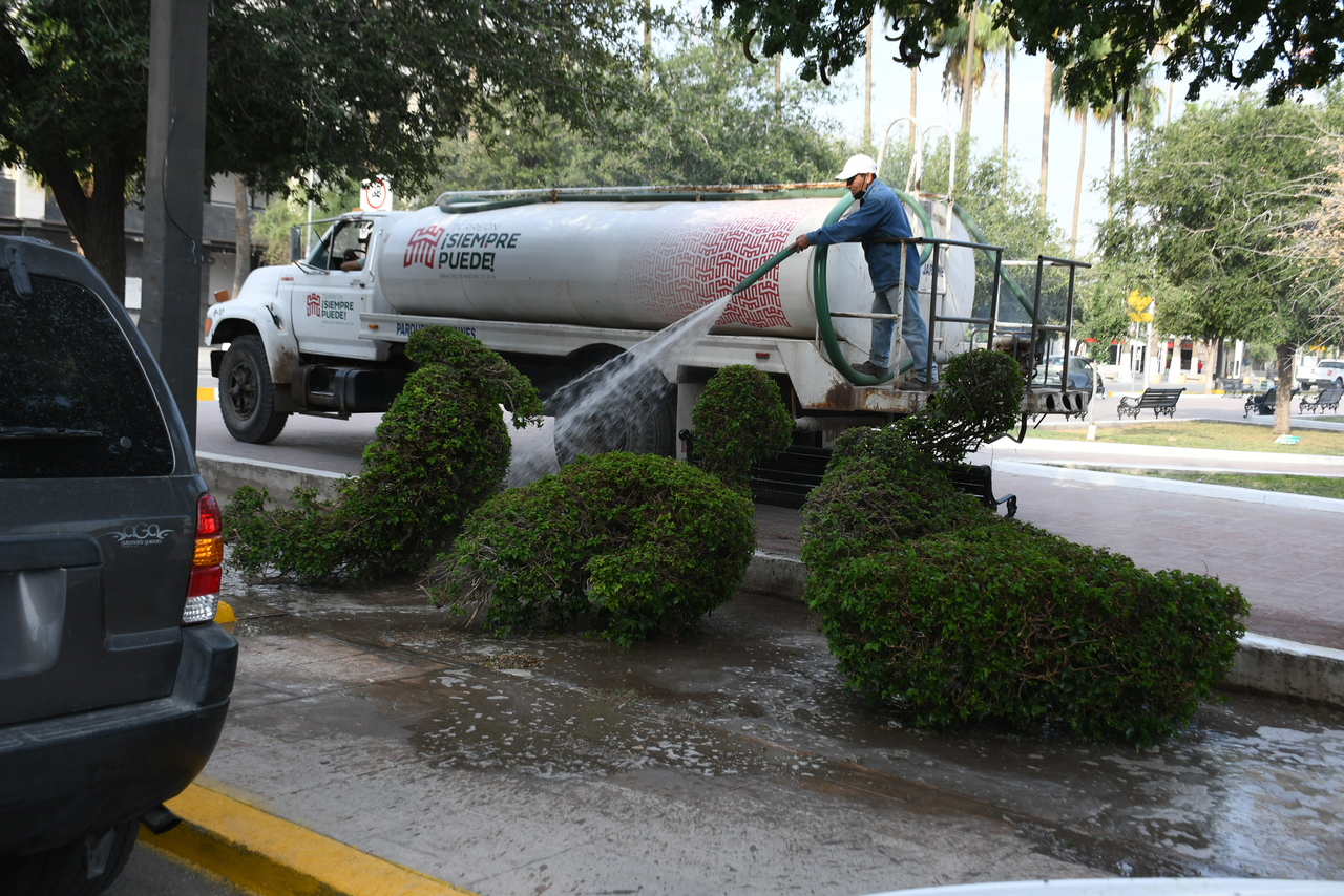 Se ahorran 200 mil litros de agua potable al día con el riego de agua tratada en las áreas verdes, señala Servicios Públicos. (EL SIGLO DE TORREÓN)