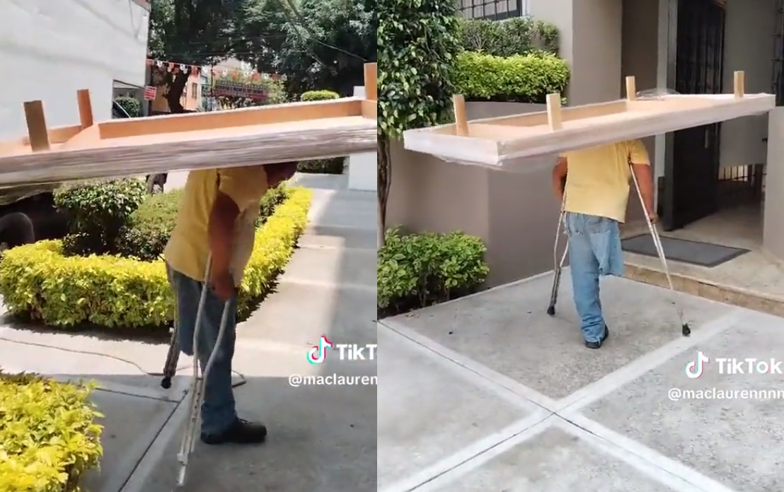 VIDEO: Hombre con muletas sorprende por su trabajo en mudanzas 