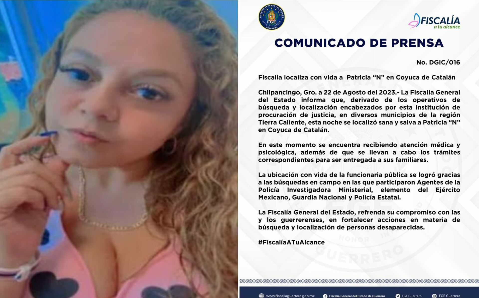 Hallan con vida a Patricia Jaquelín, titular del Ministerio Público de Coyuca que fue secuestrada