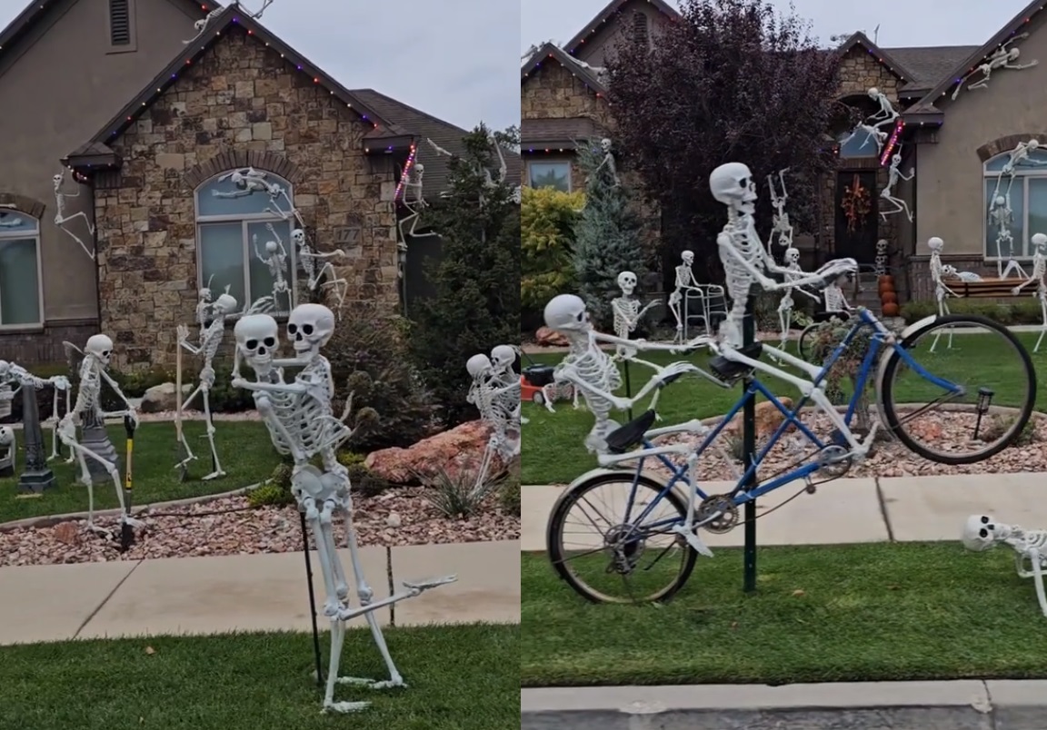 Decoración de Halloween con esqueletos acapara la atención en redes 