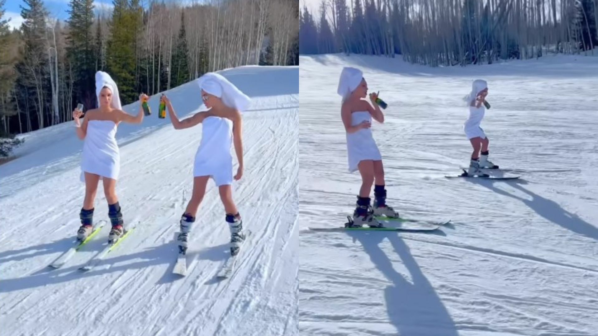 VIDEO: Lele Pons y Anitta impactan esquiando y haciendo brindis con champán al mismo tiempo 