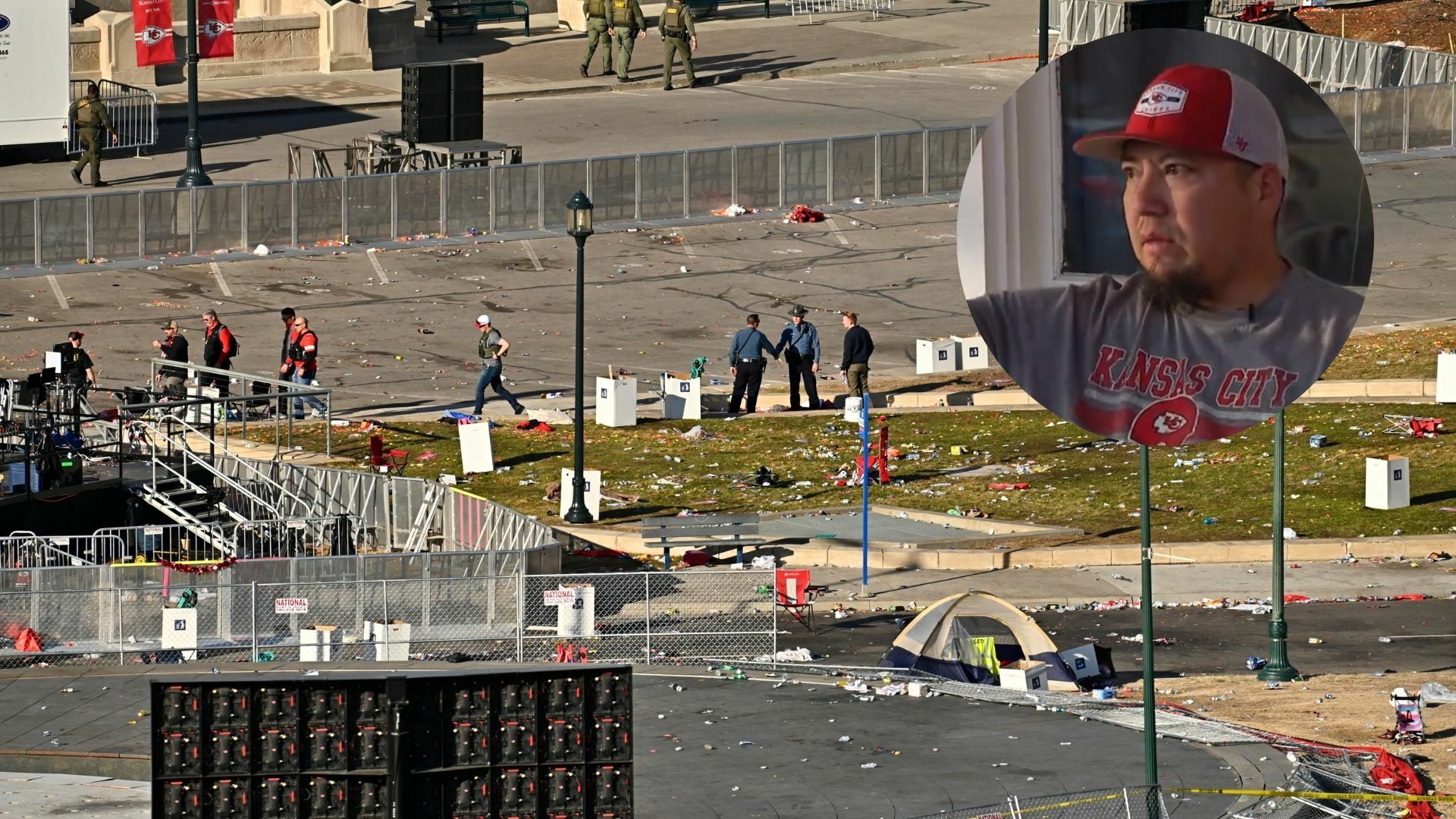 Secuelas del tiroteo en Kansas City y de imagen superior una captura al rostro de Paul Contreras durante una entrevista para una televisora local. (EFE/ESPECIAL)