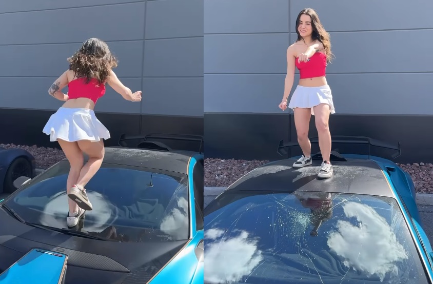 VIRAL: 'Influencer' destroza parabrisas de Lamborghini al intentar bailar sobre él 