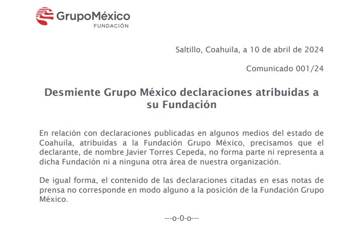 Desmiente Grupo México declaraciones atribuidas a su Fundación